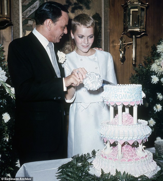 Although Frank and Mia's romance fell apart after less than two years, they remained friends until his death in 1998 at the age of 82; pictured during their wedding