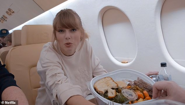 Taylor Swift, seen here aboard her private jet in the documentary Miss Americana, used her jet to travel an average distance of just 140 miles (225 km) in 2023