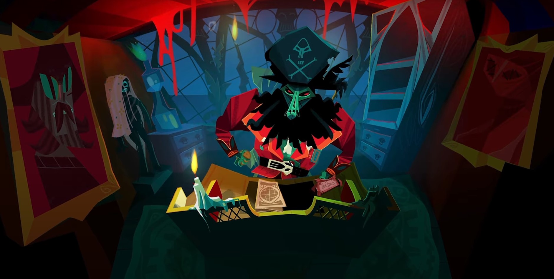 LeChuck from Return to Monkey Island reads a map. He is dressed as a pirate and you see his desk lit by a candle as he writes.