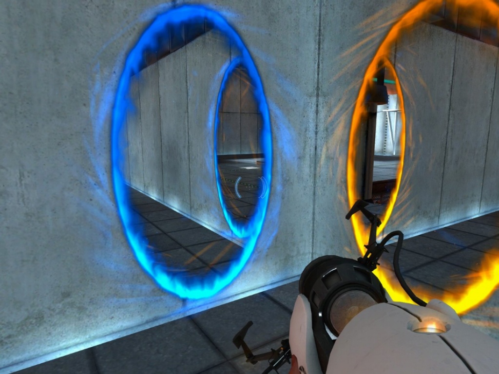 A pair of yellow and blue portals next to each other in the corner of a room in Portal.