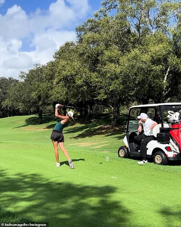 In a series of short video clips, Donald could be seen watching from his golf cart and appearing to analyze Kai's swing as his granddaughter hit a series of shots down the fairway.