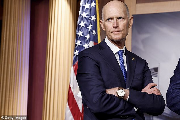 Rick Scott is seen here during a press conference at the US Capitol Building in January 2023 in Washington, DC