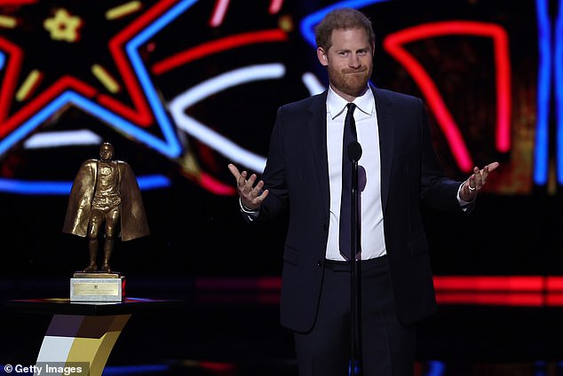 Prince Harry, Duke of Sussex presents the Walter Payton Man of the Year Award during the 13th annual NFL Honors on February 8, 2024 in Las Vegas