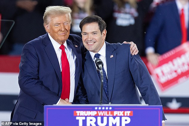 Donald Trump greets Senator Marco Rubio, Republican of Florida, during a campaign rally at the JS Dorton Arena in Raleigh, North Carolina, on November 4, 2024