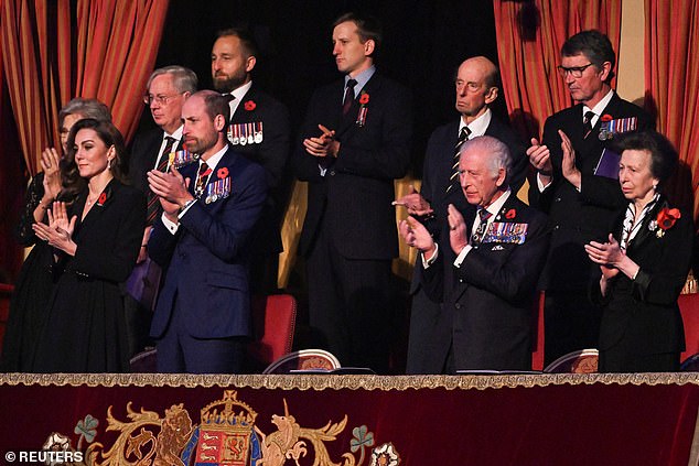 The Duke of Kent, seen behind King Charles III, and Vice Admiral Sir Tim Laurence, standing behind Princess Anne, were also spotted in the Royal Box