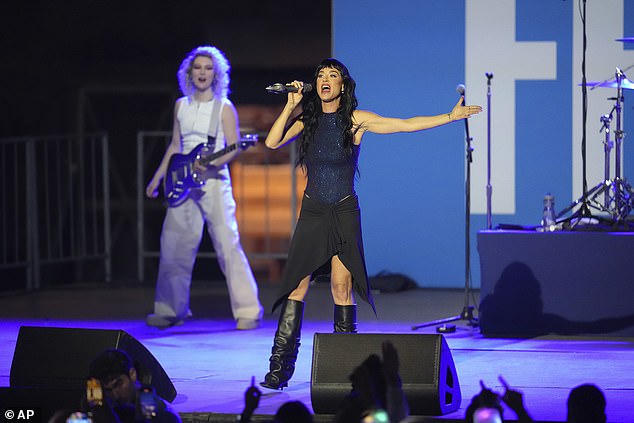 Katy Perry performs during a campaign rally for Democratic presidential candidate Vice President Kamala Harris at Carrie Blast Furnaces in Pittsburgh, November 4, 2024