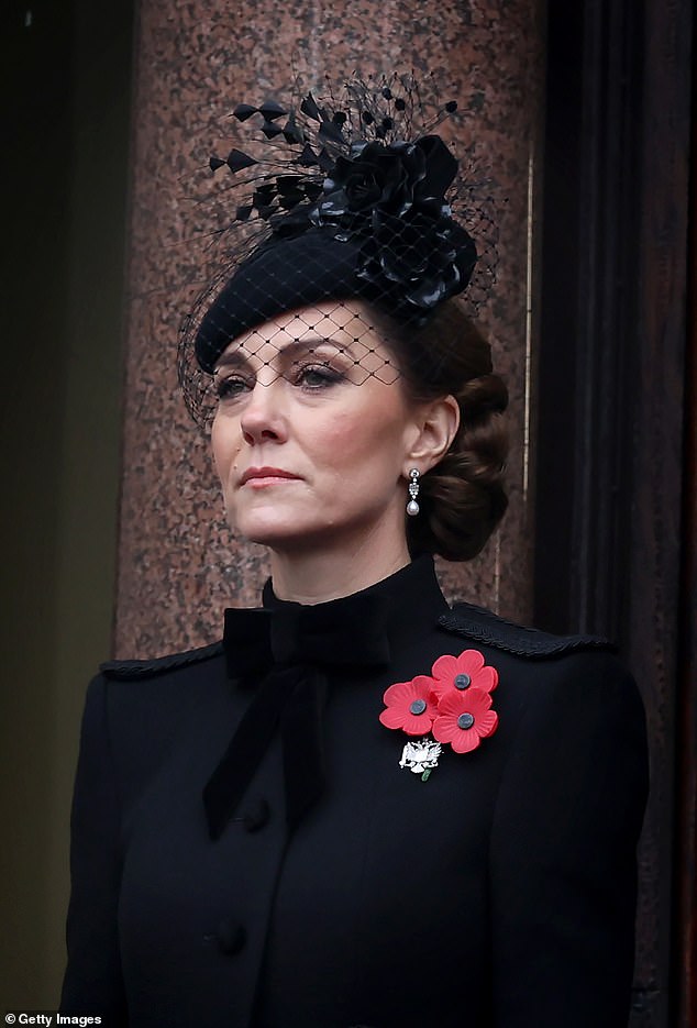 The Princess of Wales joined the King and Prince of Wales in London yesterday as they led the nation in remembering Britain's war dead