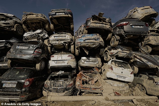 The photos, taken in a junkyard outside the Valencian town of Paiporta, show rows and rows of still mud-covered cars stacked on top of each other