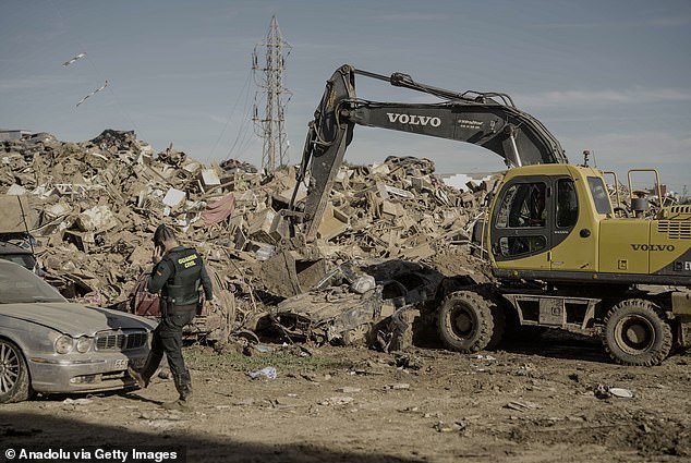 A view of wrecked cars stored in a junkyard outside Paiporta after being damaged by floods in Valencia, Spain on November 10, 2024