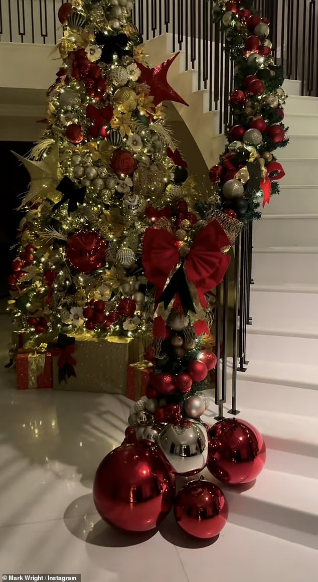 The clips also showed extravagant indoor decorations, including hundreds of baubles on their spiral staircase