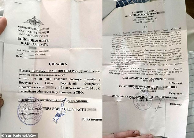 A certificate circulated on Telegram appeared to confirm that he performed military service as a soldier in the Armed Forces of the Russian Federation