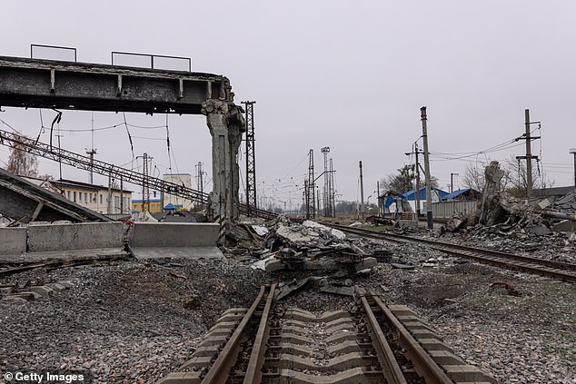 The rubble of a destroyed bridge lies on the heavily damaged railway lines in Pokrovsk, Ukraine on November 10, 2024