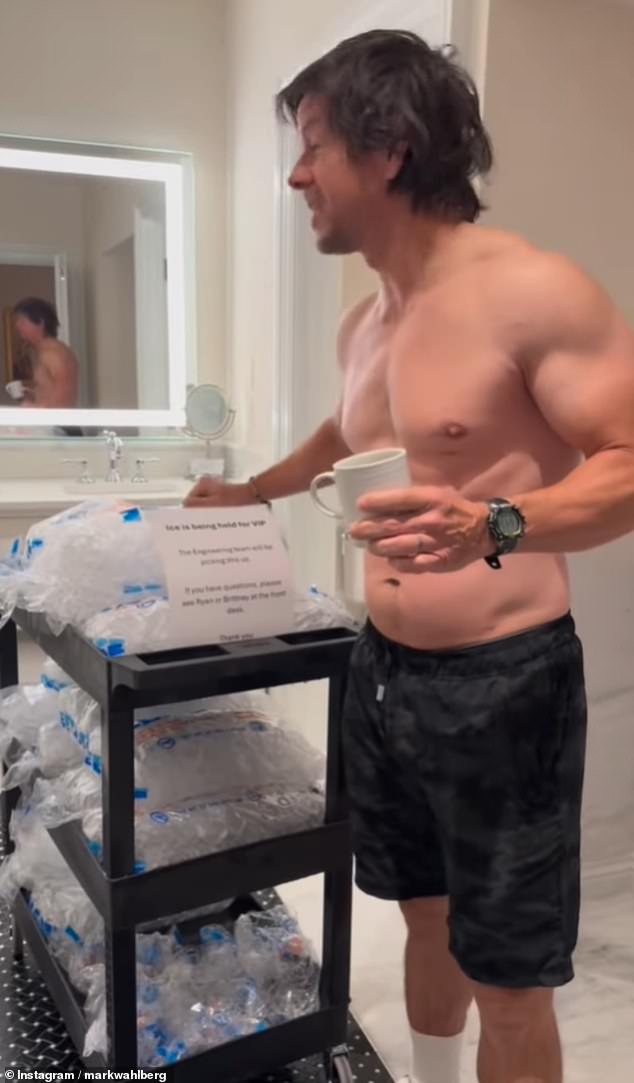 The shirtless Ted star was spotted standing in a hotel bathroom before unveiling a three-tiered cart with bags of ice stacked on top, ready to be poured into the tub