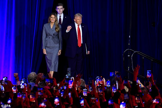 Melania Trump with husband Donald Trump and son Barron on election night