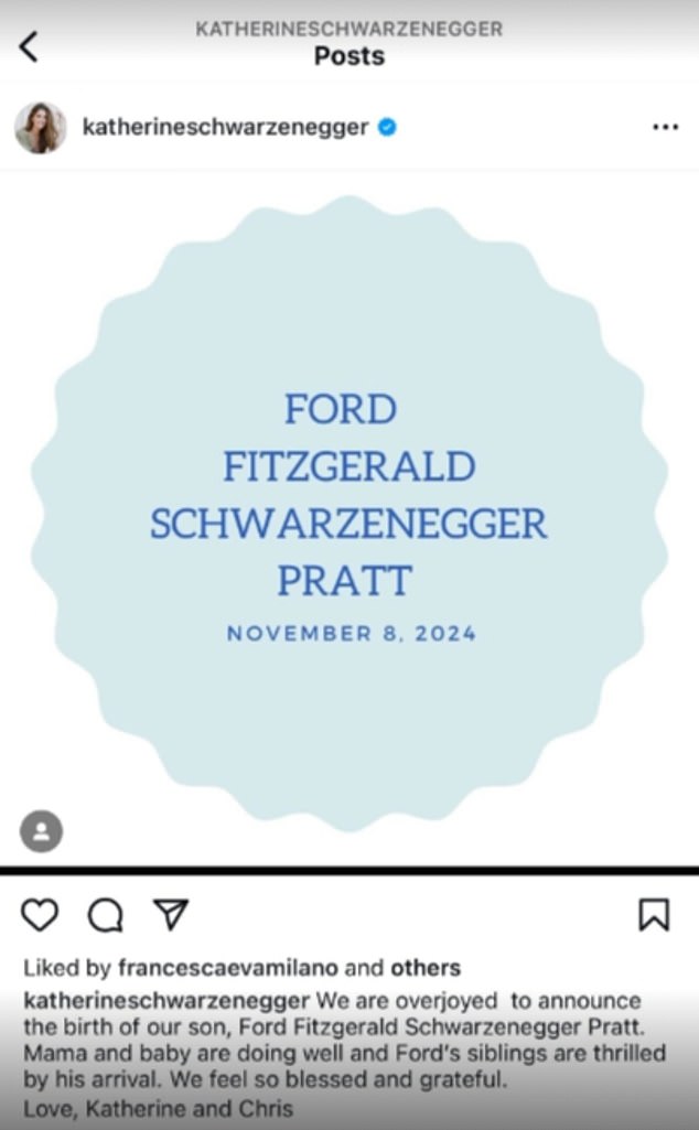 Schwarzenegger announced the news on Monday, November 11, that she had given birth to a son named Ford Fitzgerald Pratt.