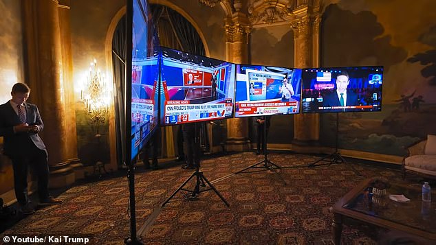 The family gathered to watch the election results filter across four television screens at Mat-a-Lago