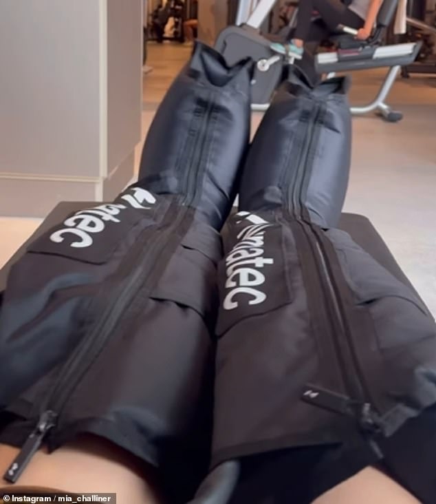 Mia then spent 20 minutes wearing air compression boots, which are intended to 'aid recovery' and boost blood circulation. Celebrities like Jennifer Aniston and LeBron James are said to have sworn by the device and incorporated it into their daily routines