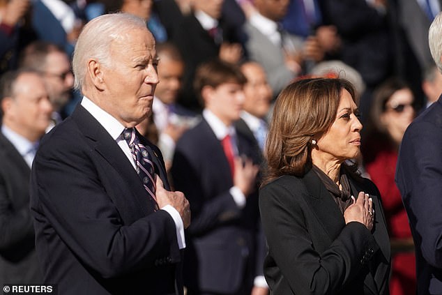 President Joe Biden (left) and Vice President Kamala Harris (right) participated in a ceremony marking Veterans Day at Arlington National Cemetery on Monday morning