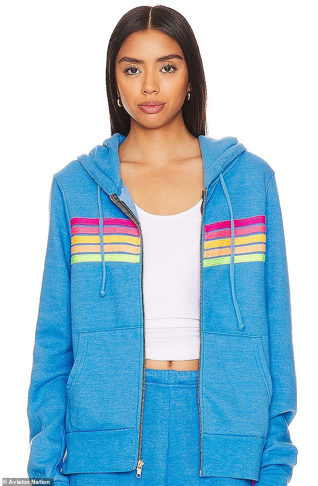 Her hoodie is from famed loungewear brand Aviator Nation and features neon stitching on the sleeves (a similar one can be seen here)