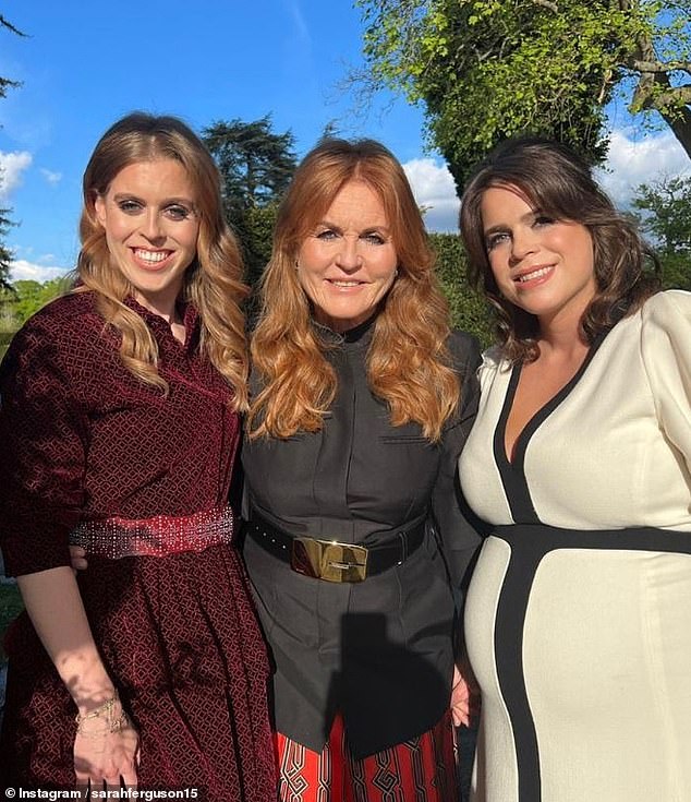 Sarah, pictured on the evening of the coronation concert on May 7 last year, with Beatrice and Eugenie