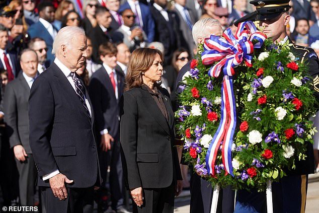 President Joe Biden and Vice President Kamala Harris participate in a wreath-laying ceremony at the Tomb of the Unknown Soldier at Arlington National Cemetery on Veterans Day