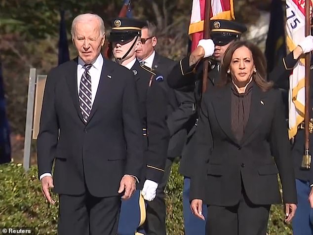 President Joe Biden (left) and Vice President Kamala Harris (right) appeared together for the first time since Harris' presidential election loss to former President Donald Trump