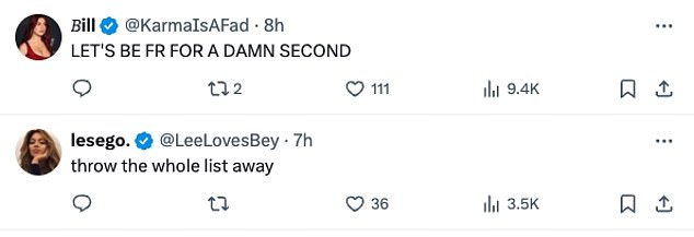 “LET'S BE FR FOR A DAMN SECOND,” someone else wrote, while another commenter added: “throw the whole list away.”