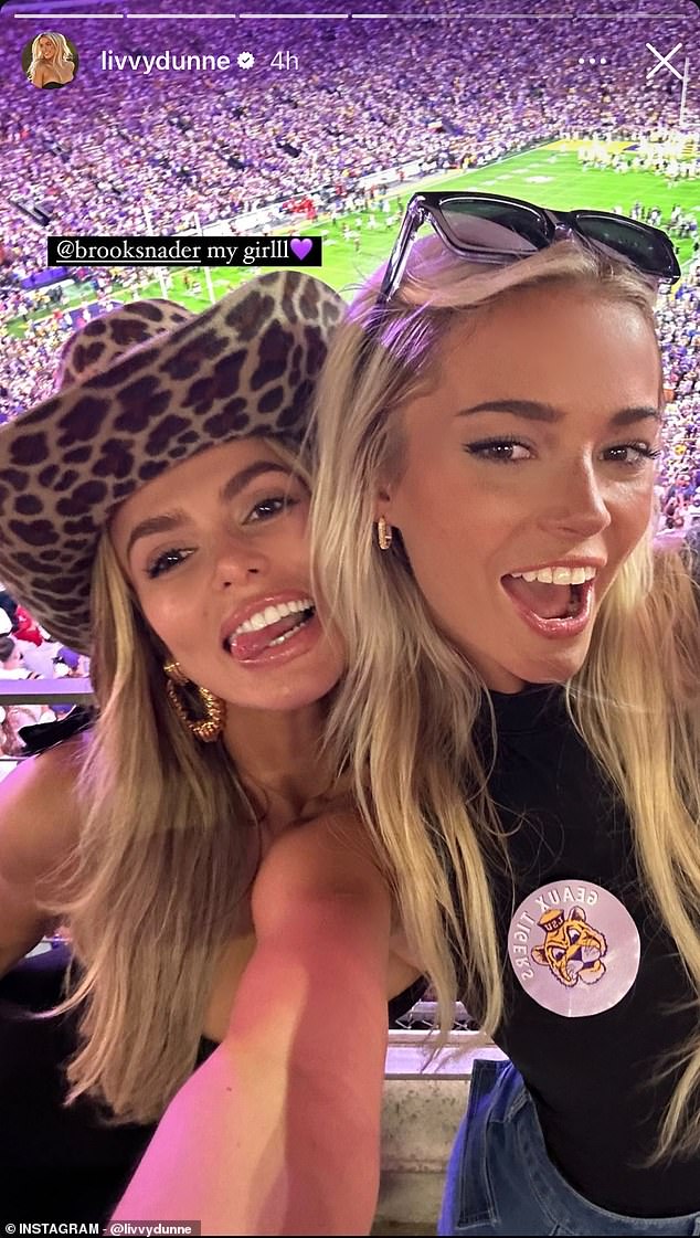 Dunne also posted a selfie with model Brooks Nader at Tiger Stadium on Saturday