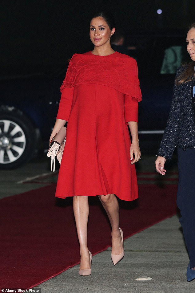 During her 2019 royal tour of Morocco, Meghan showed off a custom Valentino trapeze dress