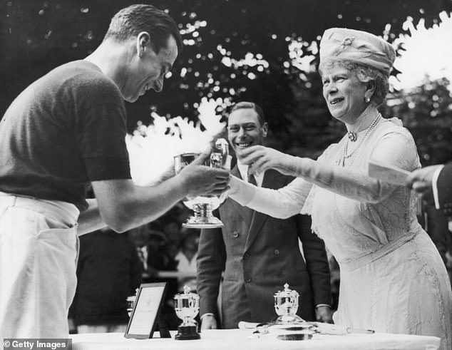 Queen Mary presenting the Duke of York's polo cup to Louis Mountbatten in Ranelagh as the future George VI looks on in 1931