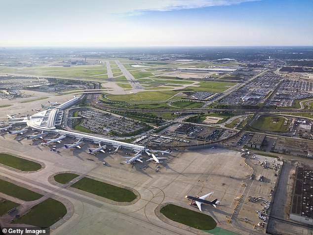 An aerial view of Chicago O'Hare International Airport, where Ms. Hall was searched and detained