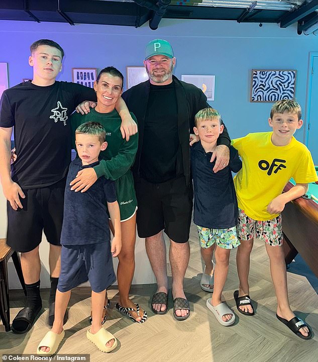 Coleen also revealed how she has been asked to appear on the show several times and finally said yes this year because her children are old enough; pictured with Wayne, Kai, 13, Klay, 10, Kit, 7, Cass, 5