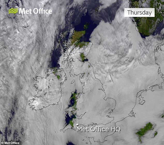 This satellite image from space shows Britain covered in clouds and fog. Scotland, usually known for its murky conditions, had clearer conditions than the rest of Britain