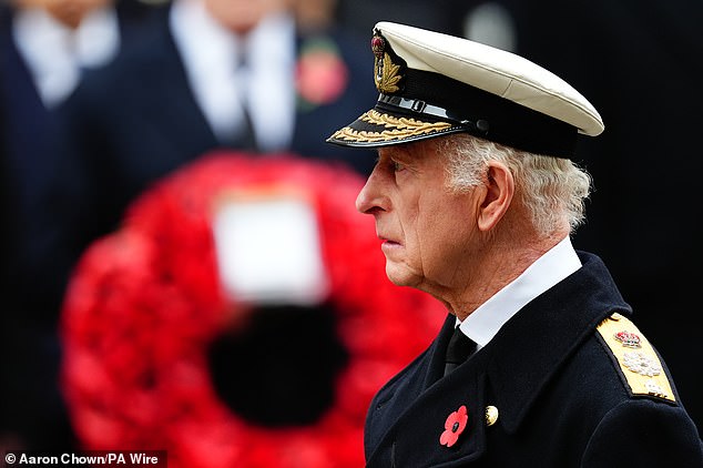 The king laid a wreath at the Cenotaph on Sunday in honor of Britain's war victims