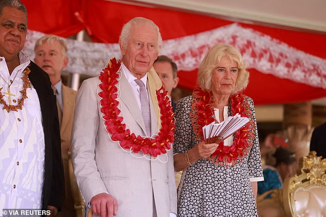 She and her husband, King Charles, recently visited Australia and Samoa - seen here together at a farewell ceremony in the Samoan village of Siumu on October 26.