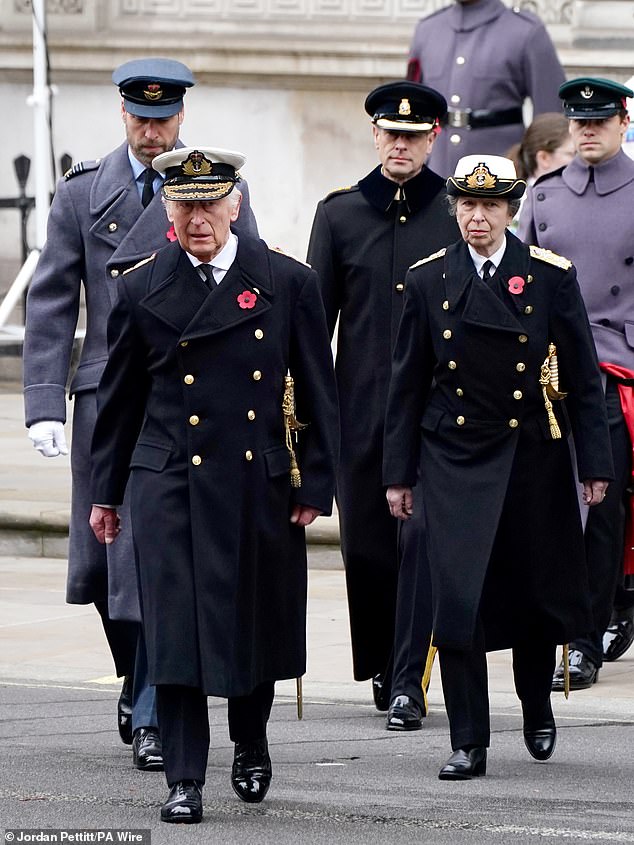 The king took part in the cenotaph ceremony on Sunday with his sister Princess Anne