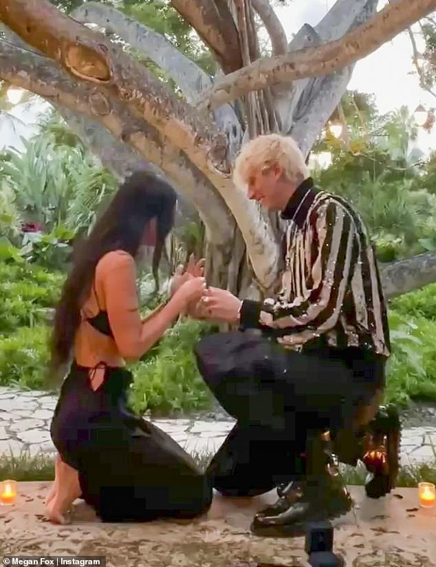 Megan announced their big news with a three-camera Instagram video showing him down on one knee at the Ritz Carlton Dorado Beach resort