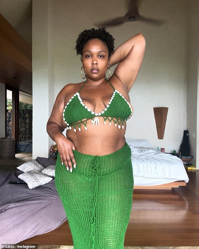 As well as a stunning photo of her showering in a gray crochet bikini, Lizzo also wowed as she donned a knitted green number with a matching skirt.