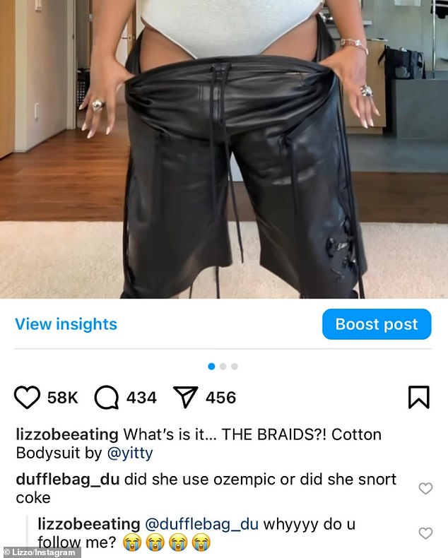 Lizzo then shared a screenshot of a social media user's comment accusing her of taking ozempic or 'cola'