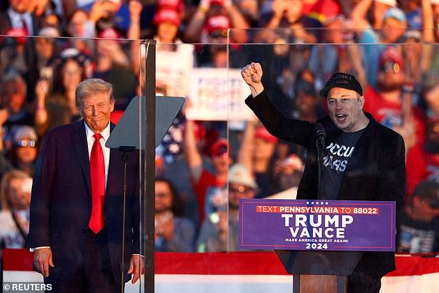 'Bro in Chief' and prominent Trump supporter Musk also benefited considerably from his victory. They are seen together at a rally in Pennsylvania on October 5