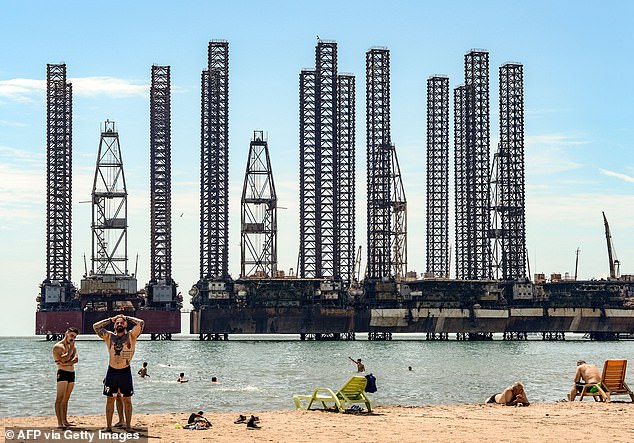 A file image of oil rigs on the Caspian Sea in Azerbaijan