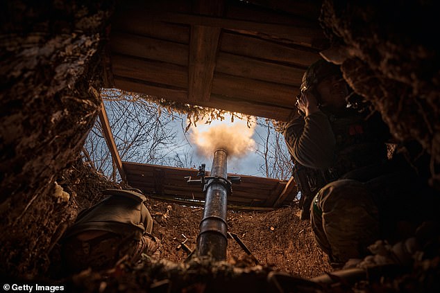 Ukrainian soldiers from the mortar group of the "Karpatska Sich" battalion conducts combat operations and targets the Russian army with a 120mm mortar on November 11, 2024 in Toretsk, Ukraine