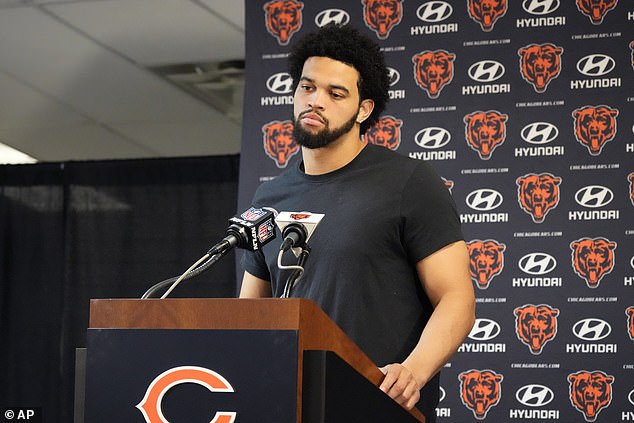 Caleb Williams talks to reporters after the team's 19-3 loss to the New England Patriots