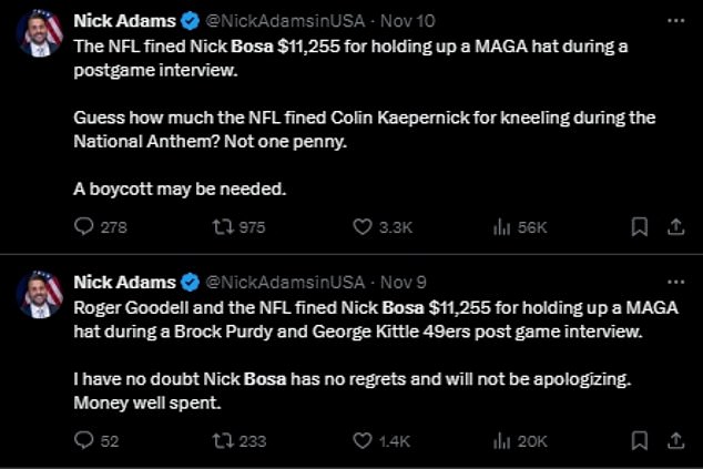 Social media personality Nick Adams seized on the issue and claims he is boycotting the NFL