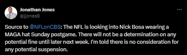 CBS reported on November 1 that the league planned to postpone Bosa's fine until after the election