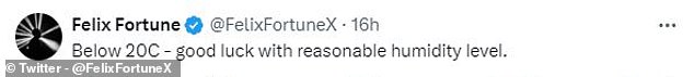 Another X user joked that there was no chance of keeping humidity at a reasonable level in temperatures below 20°C (68°F).