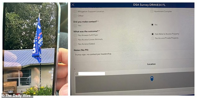Images of the system used to document which homes they visited show notes left behind that read: 'Trump sign, no contact per leadership'