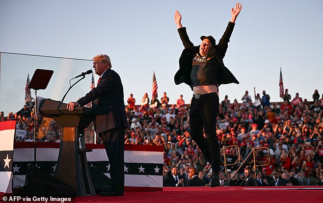 Former President Donald Trump (left) speaks during his second rally in Butler, Pennsylvania, alongside Elon Musk (right), who endorsed the Republican after surviving the July shooting of Butler