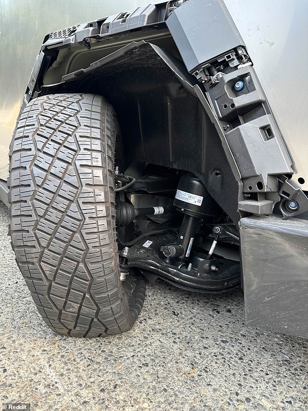 It appears that a suspension failure left this particular CyberTruck stranded on the side of the road in Seattle, with the rear wheels pointing awkwardly inwards