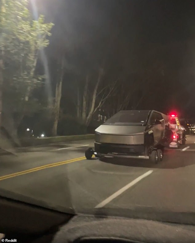 A video posted in the r/CyberStuck sub Reddit showed the truck strapped to the back of a Lang Towing tow truck and being pulled down a highway as hazards flashed.